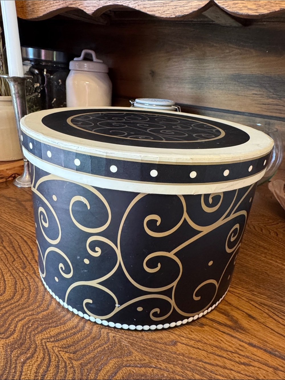 Revelations Elegance Decorative Black and Cream Swirl Vintage Storage Hat Box